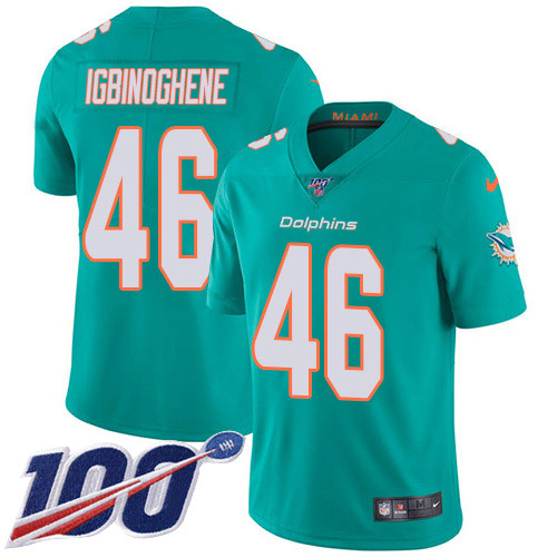Nike Miami Dolphins #46 Noah Igbinoghene Aqua Green Team Color Youth Stitched NFL 100th Season Vapor Untouchable Limited Jersey